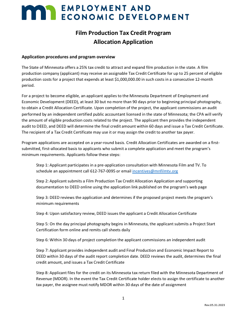 Allocation Application - Film Production Tax Credit Program - Minnesota Download Pdf