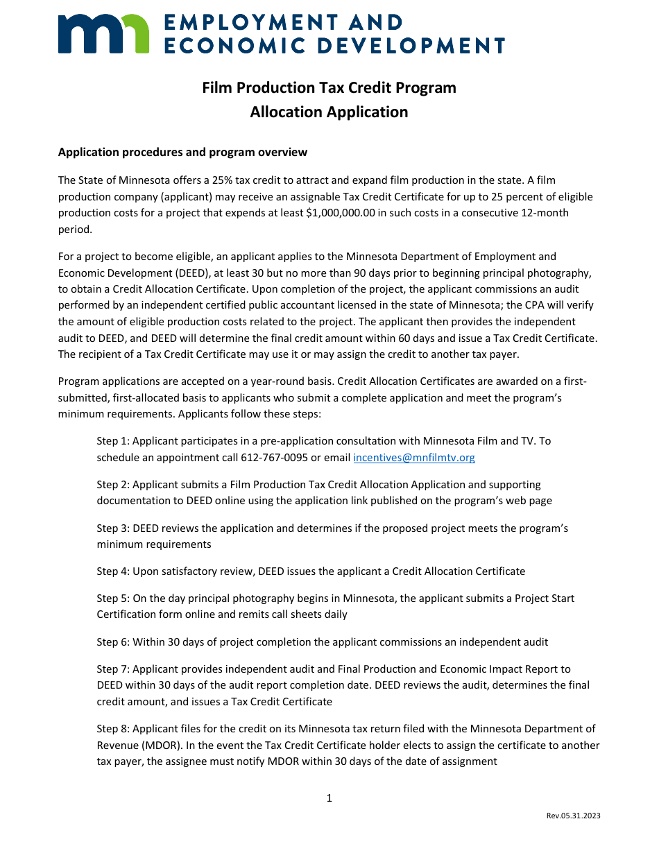 Allocation Application - Film Production Tax Credit Program - Minnesota, Page 1