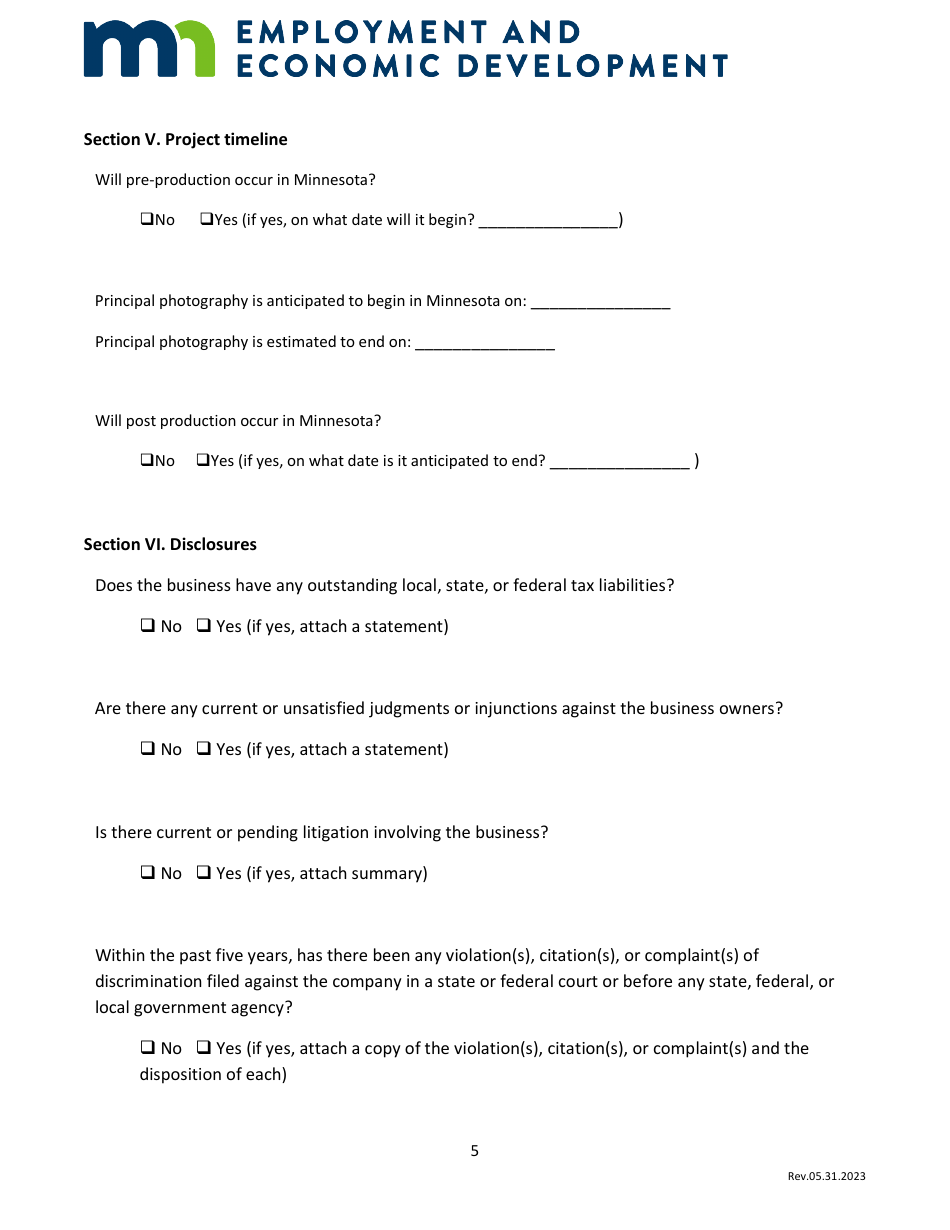 Allocation Application - Film Production Tax Credit Program - Minnesota, Page 5