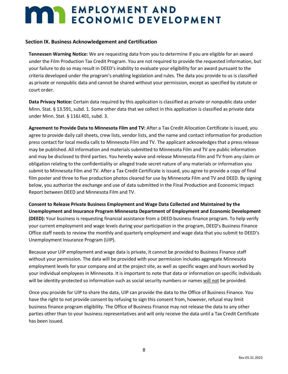 Allocation Application - Film Production Tax Credit Program - Minnesota, Page 8