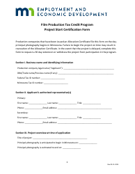 Document preview: Project Start Certification Form - Film Production Tax Credit Program - Minnesota