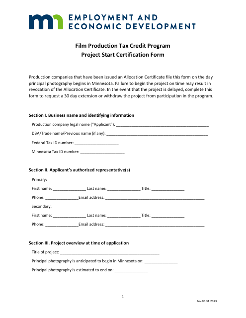 Project Start Certification Form - Film Production Tax Credit Program - Minnesota
