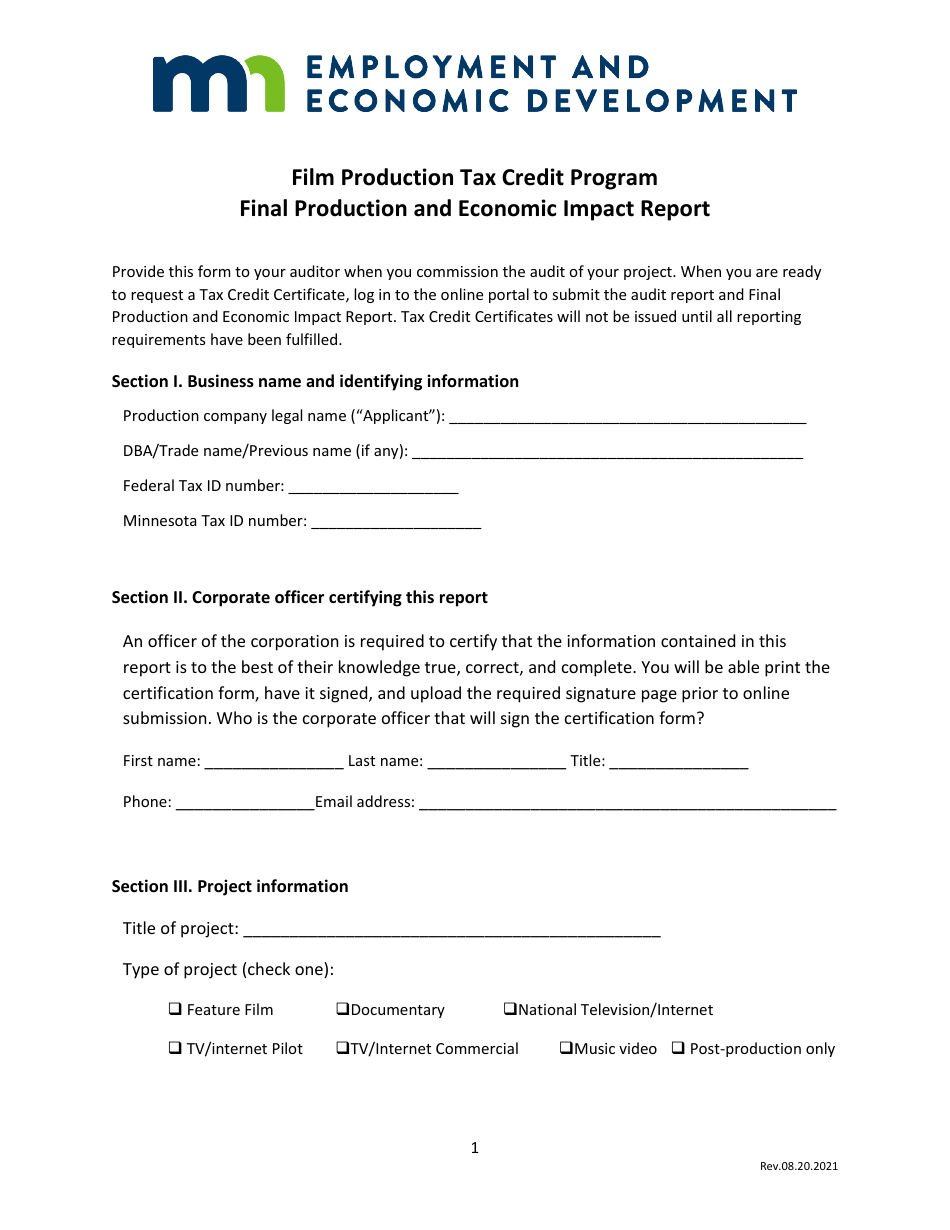 Final Production and Economic Impact Report - Film Production Tax Credit Program - Minnesota, Page 1