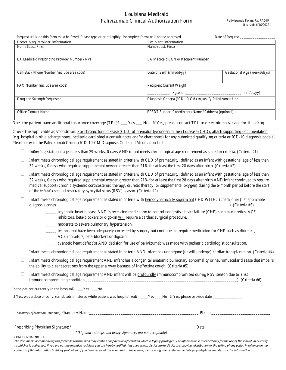 Form PA01P Palivizumab Clinical Authorization Form - Louisiana, Page 2
