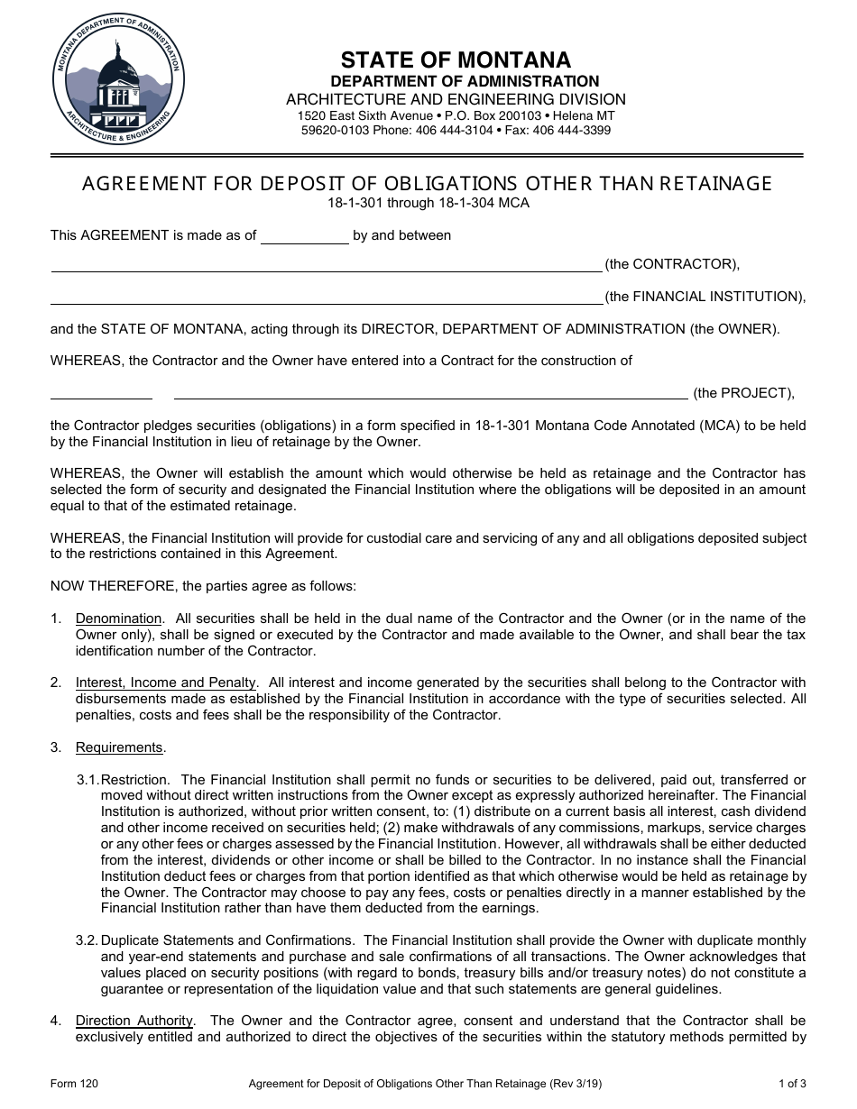 Form 120 Agreement for Deposit of Obligations Other Than Retainage - Montana, Page 1