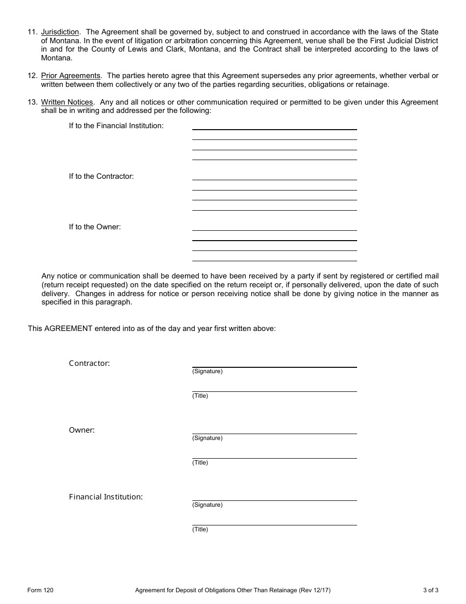 Form 120 Agreement for Deposit of Obligations Other Than Retainage - Montana, Page 3