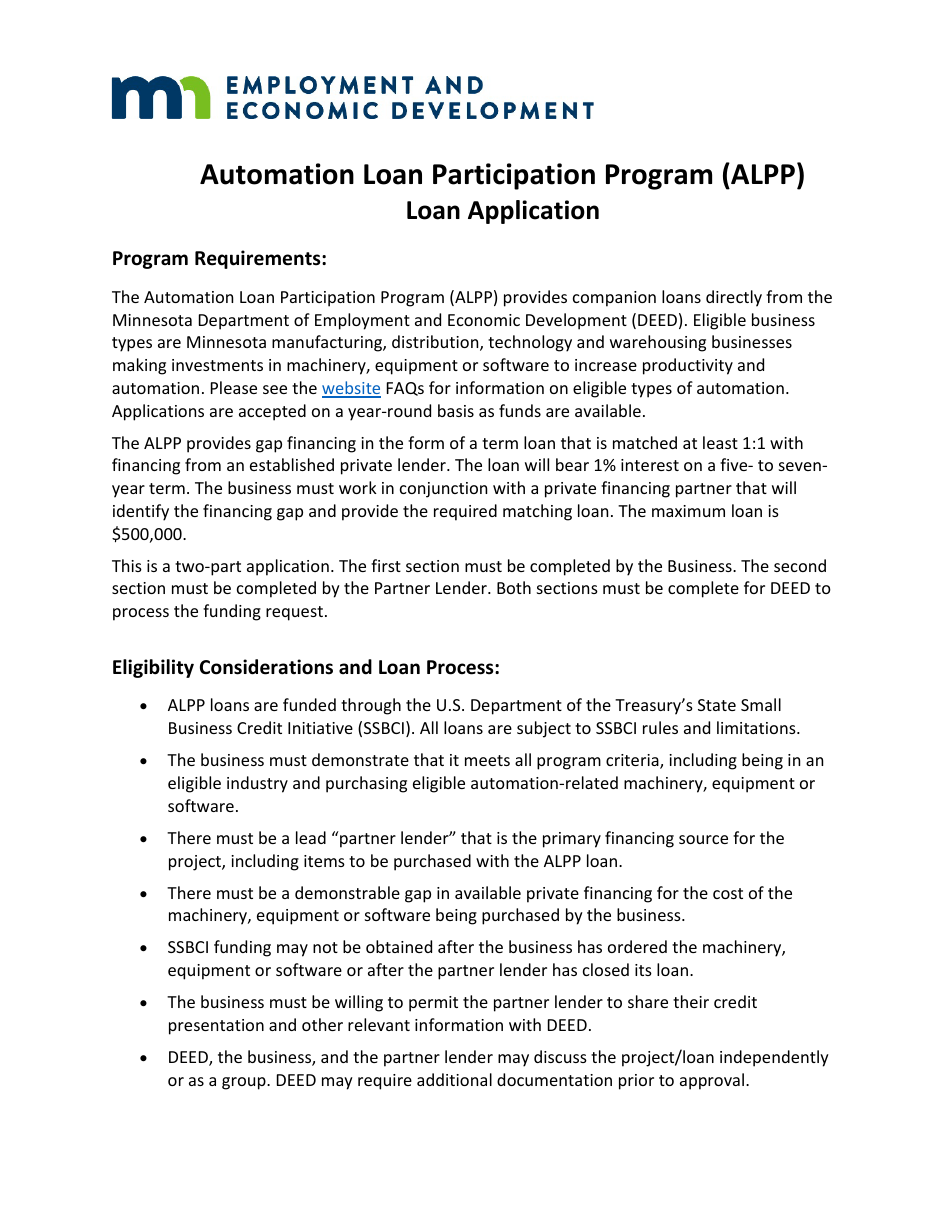 Automation Loan Participation Program (Alpp) Application - Minnesota, Page 1