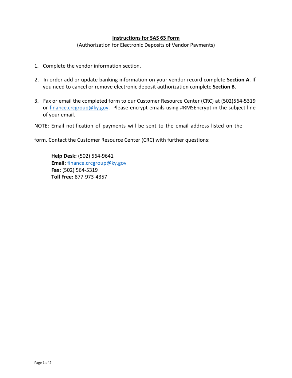 Form SAS63 Authorization for Electronic Deposit of Vendor Payment - Kentucky, Page 1