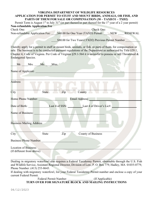 Application for Permit to Stuff and Mount Birds, Animals, or Fish, and Parts of Them for Sale or Compensation (30 - Taxd / 31 - Txd2) - Virginia Download Pdf