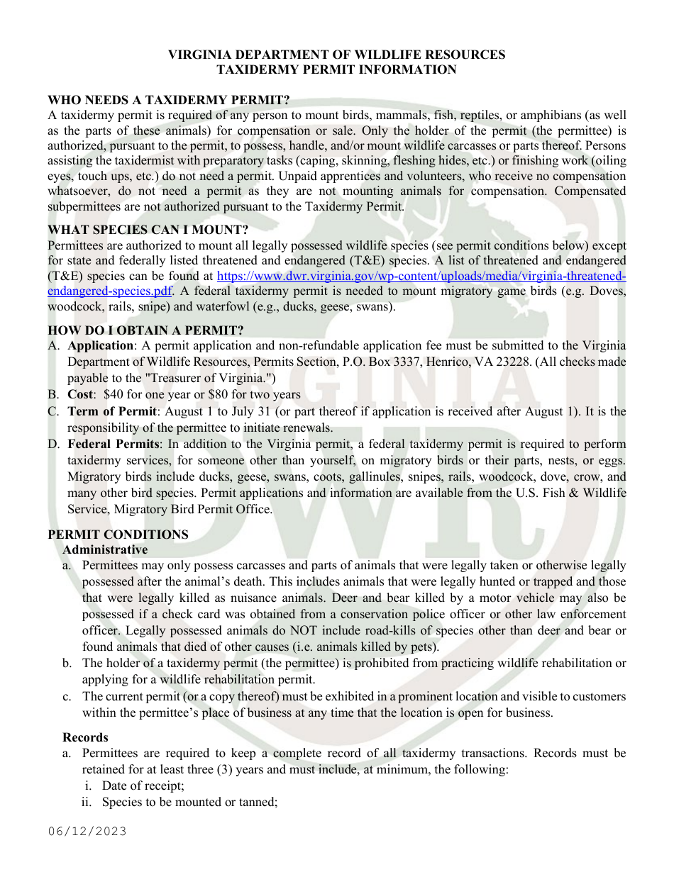 Application for Permit to Stuff and Mount Birds, Animals, or Fish, and Parts of Them for Sale or Compensation (30 - Taxd / 31 - Txd2) - Virginia, Page 3