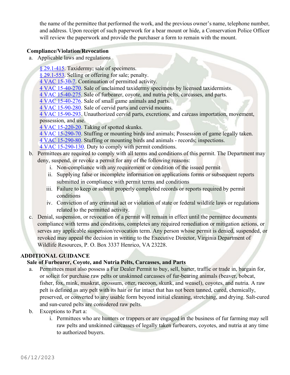 Application for Permit to Stuff and Mount Birds, Animals, or Fish, and Parts of Them for Sale or Compensation (30 - Taxd / 31 - Txd2) - Virginia, Page 6