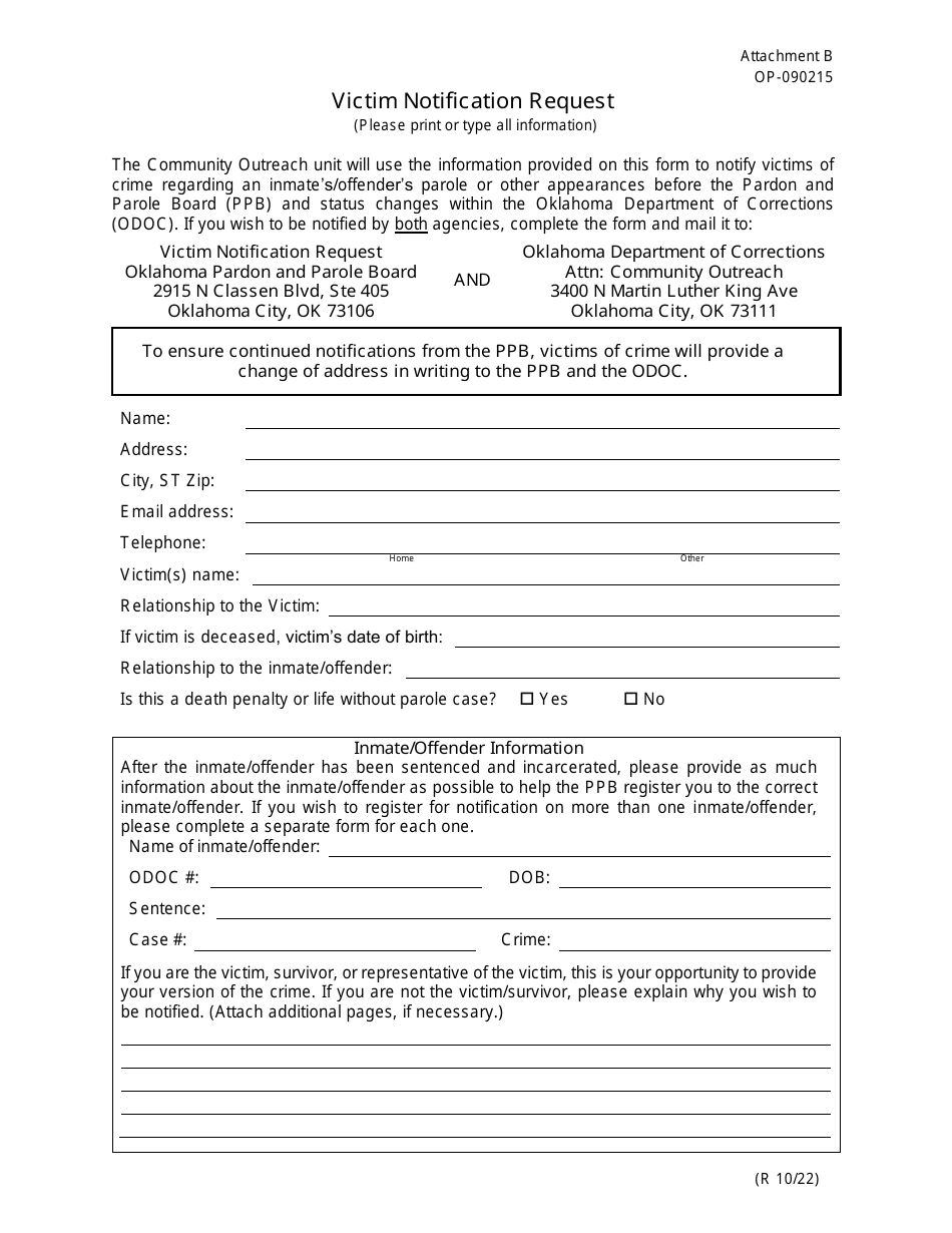 DOC Form OP-090215 Attachment B Victim Notification Request - Oklahoma, Page 1