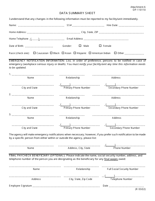 DOC Form OP-110110 Attachment A Data Summary Sheet - Oklahoma