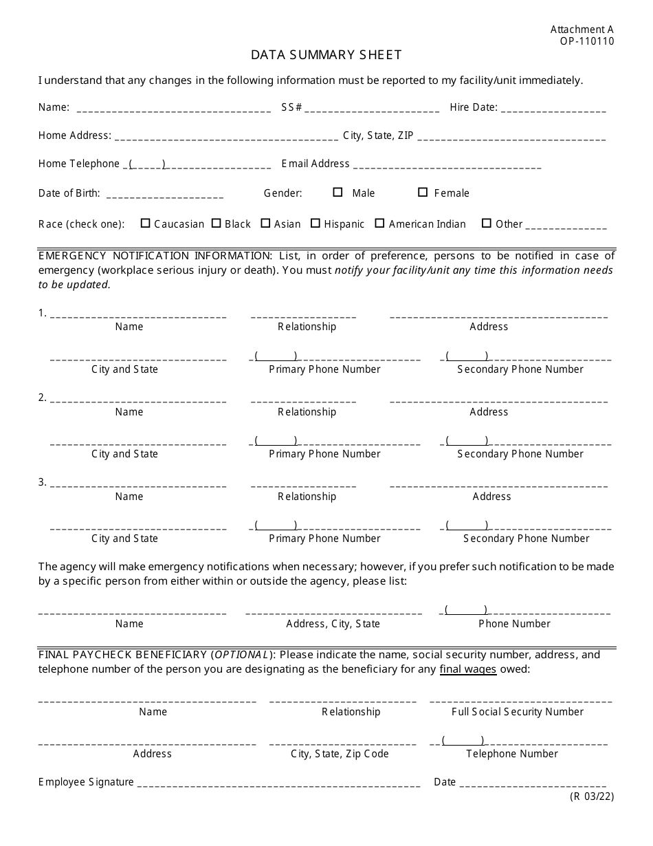 DOC Form OP-110110 Attachment A Data Summary Sheet - Oklahoma, Page 1