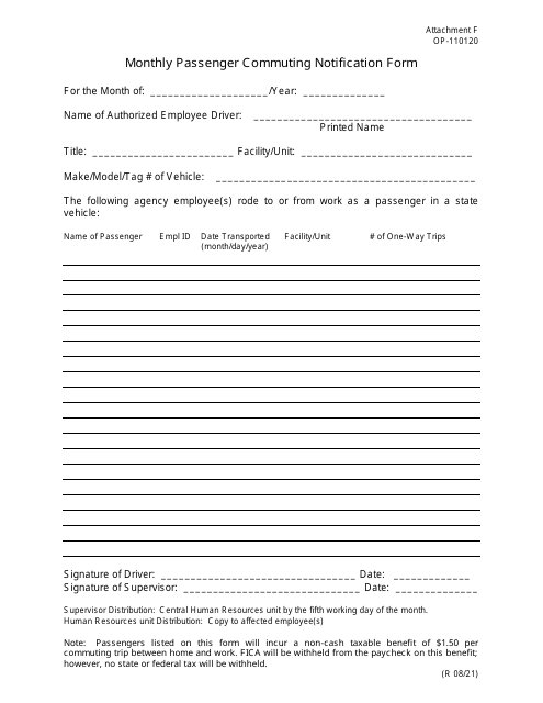 DOC Form OP-110120 Attachment F Monthly Passenger Commuting Notification Form - Oklahoma