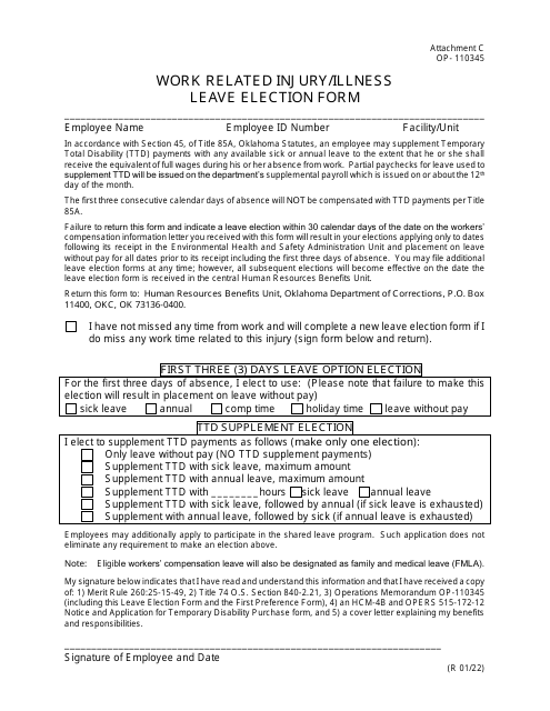 DOC Form 110345 Attachment C Work Related Injury/Illness Leave Election Form - Oklahoma