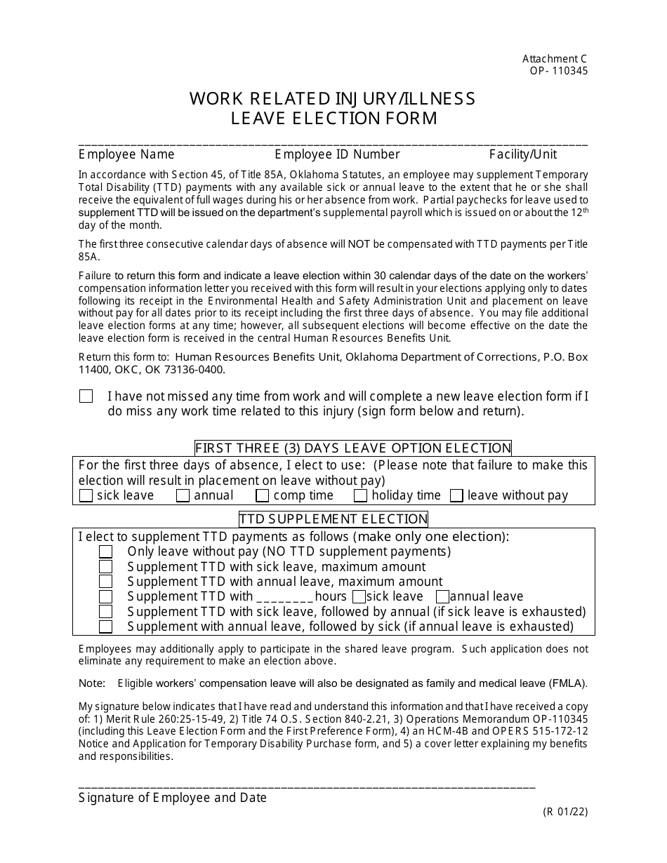 DOC Form 110345 Attachment C Work Related Injury / Illness Leave Election Form - Oklahoma, Page 1