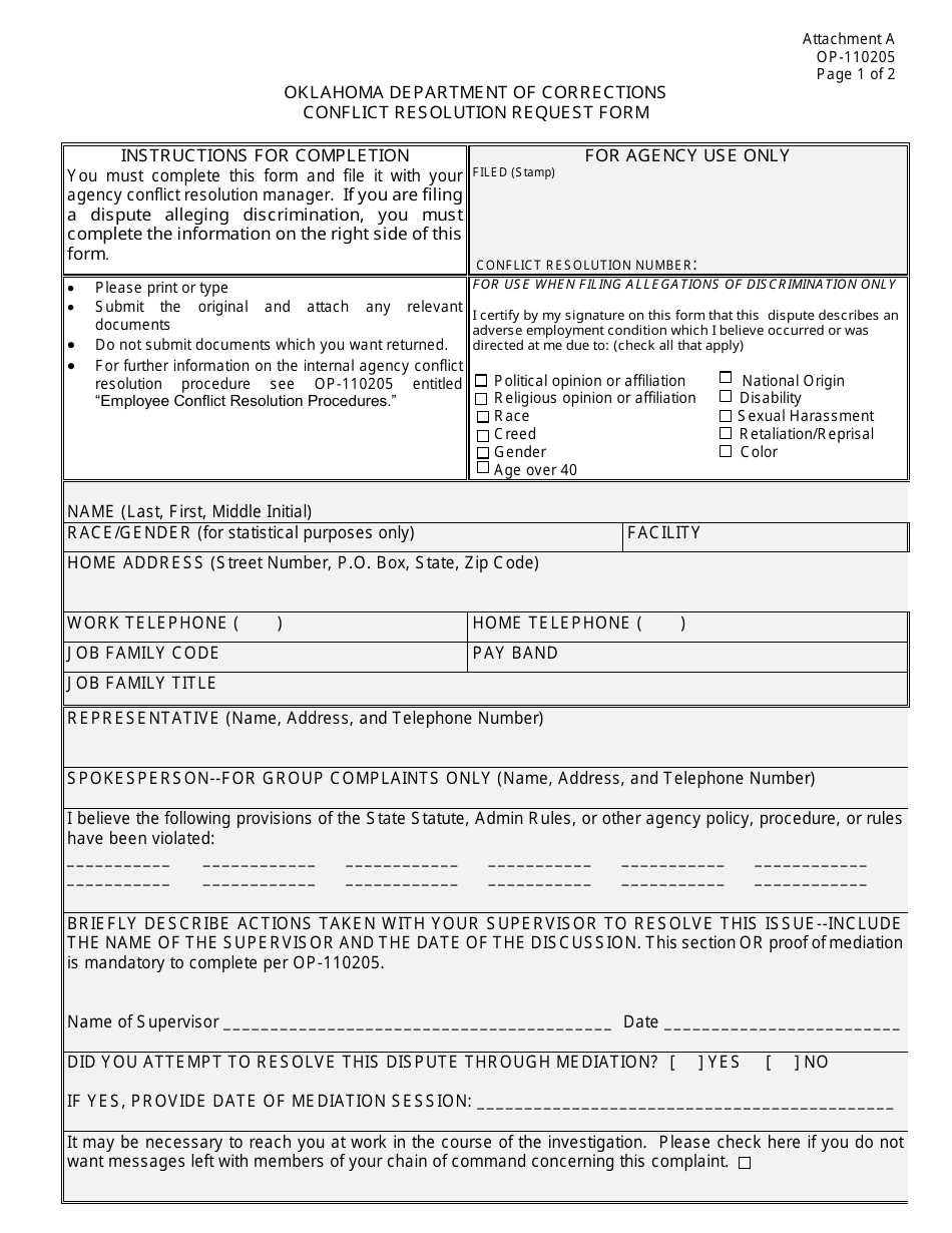DOC Form OP-110205 Attachment A Conflict Resolution Request Form - Oklahoma, Page 1