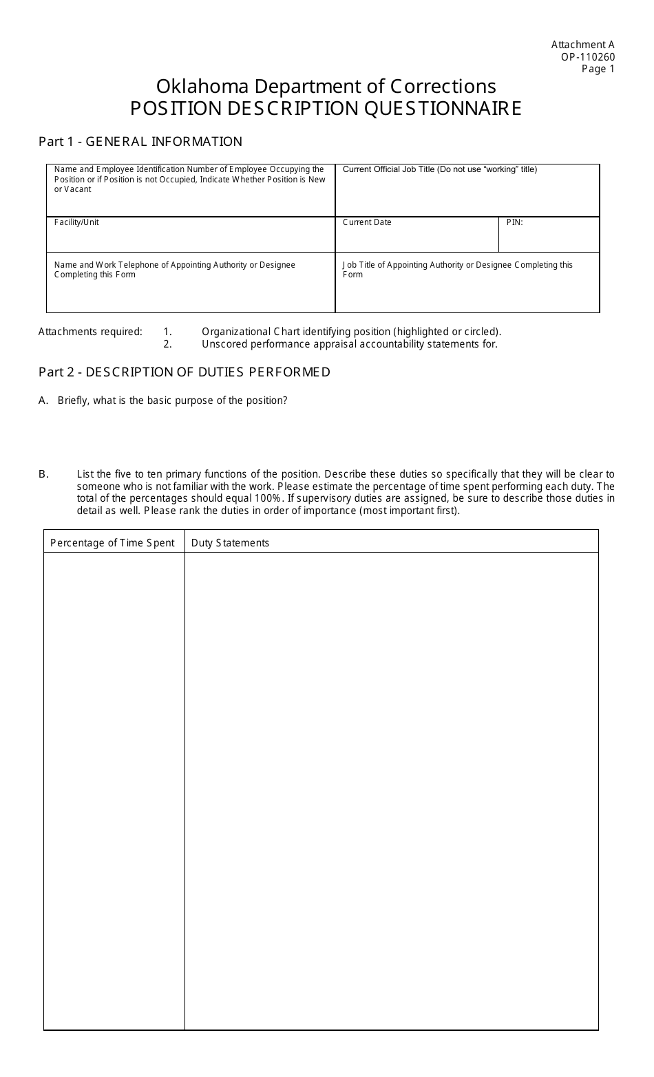 DOC Form OP-110260 Attachment A Position Description Questionnaire - Oklahoma, Page 1