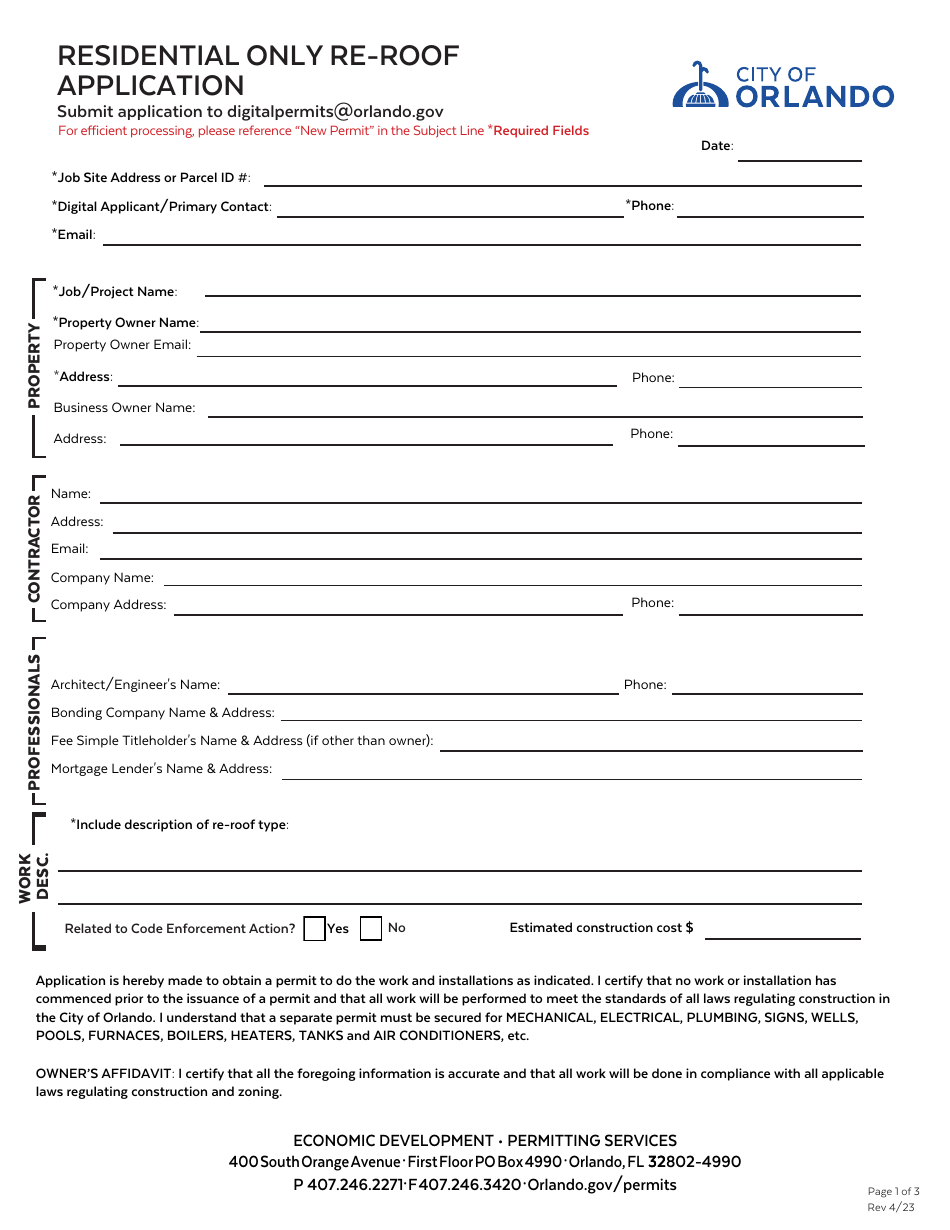Residential Re-roof Permit Application - City of Orlando, Florida, Page 1