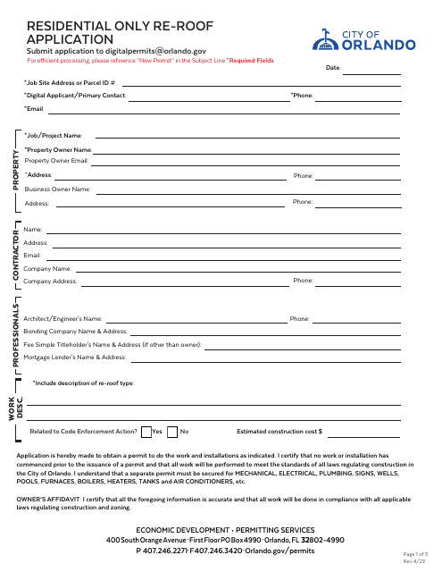 Residential Re-roof Permit Application - City of Orlando, Florida