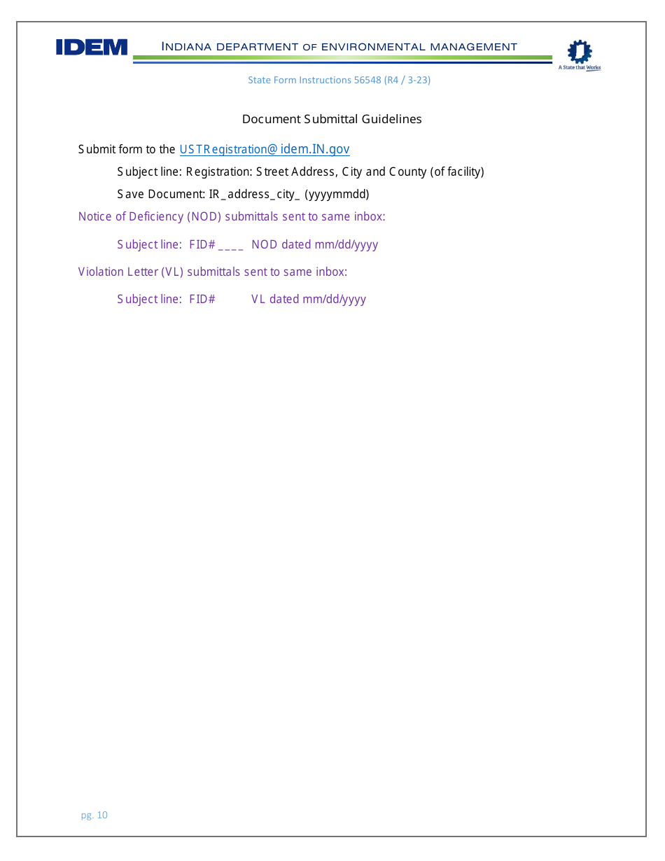 Instructions for State Form 56548 Initial Registration for Underground Storage Tanks - Indiana, Page 10