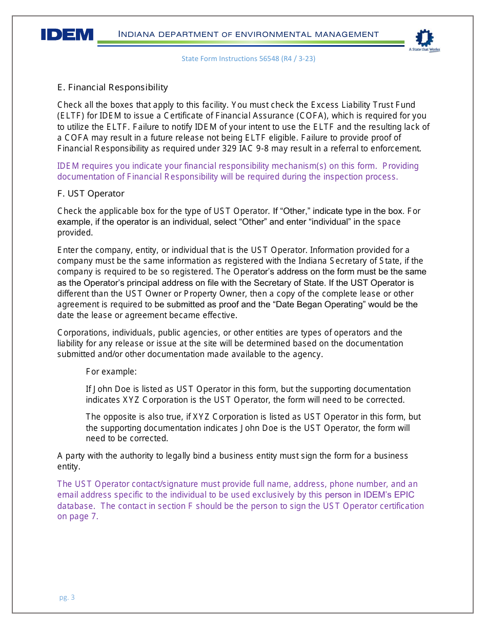 Instructions for State Form 56548 Initial Registration for Underground Storage Tanks - Indiana, Page 3