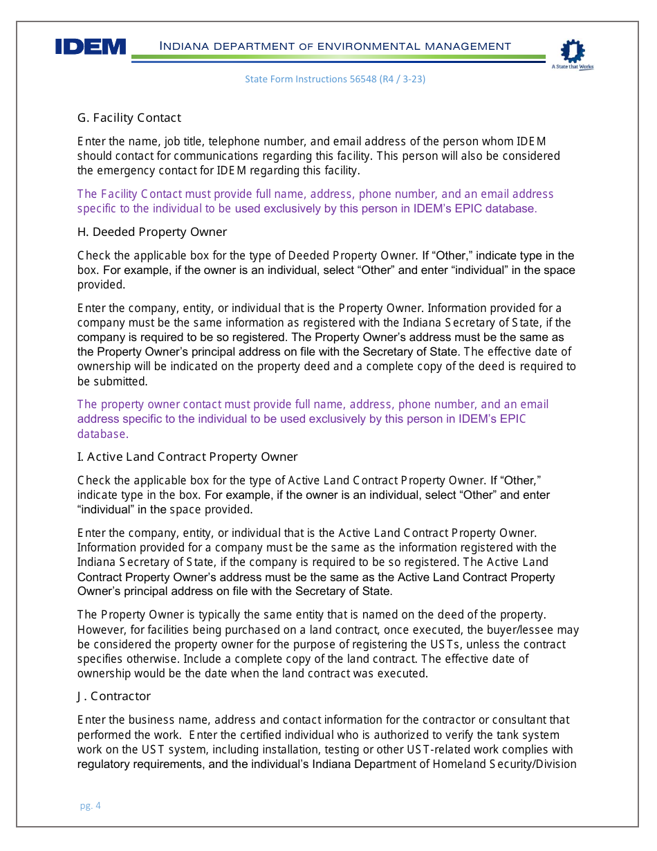 Instructions for State Form 56548 Initial Registration for Underground Storage Tanks - Indiana, Page 4