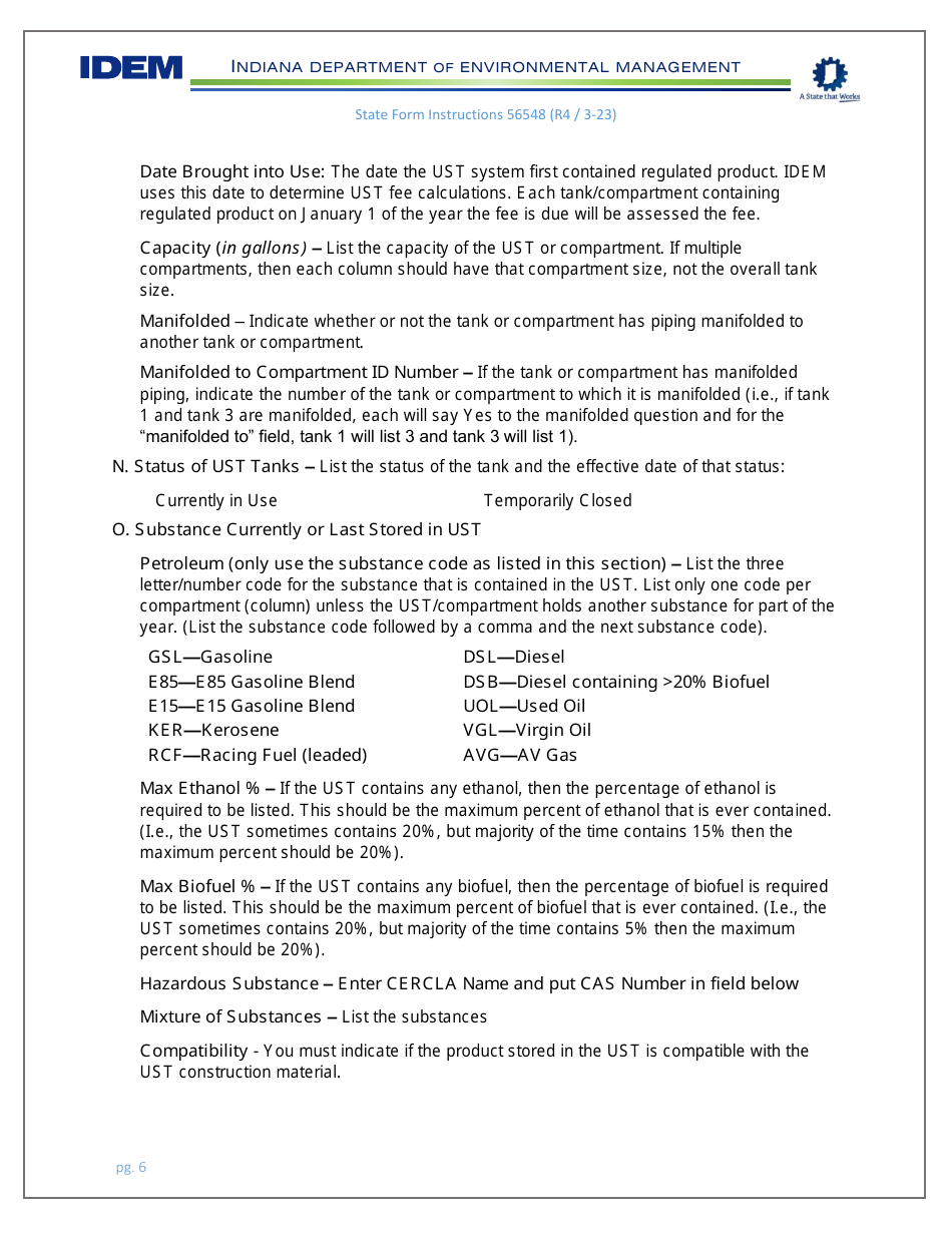 Instructions for State Form 56548 Initial Registration for Underground Storage Tanks - Indiana, Page 6