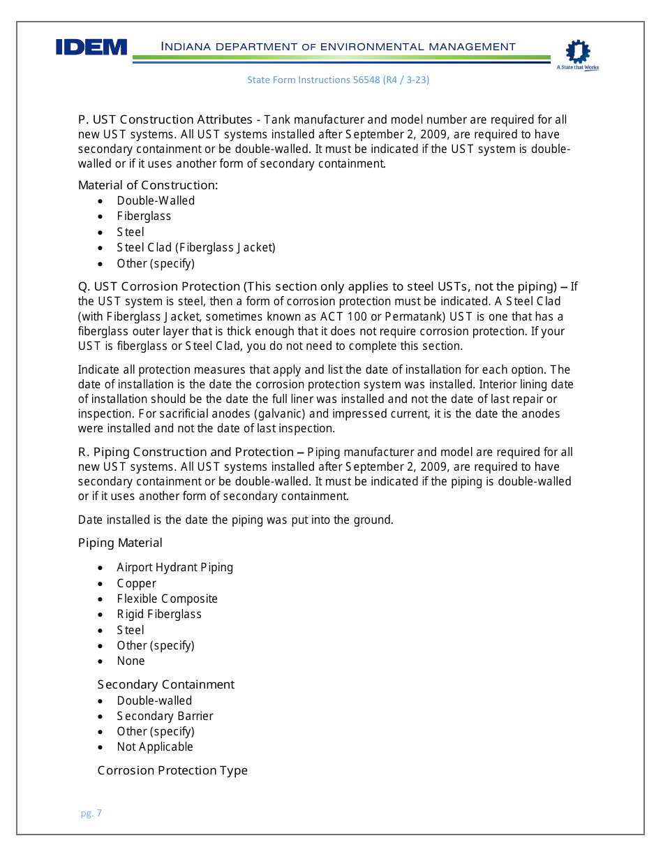 Instructions for State Form 56548 Initial Registration for Underground Storage Tanks - Indiana, Page 7