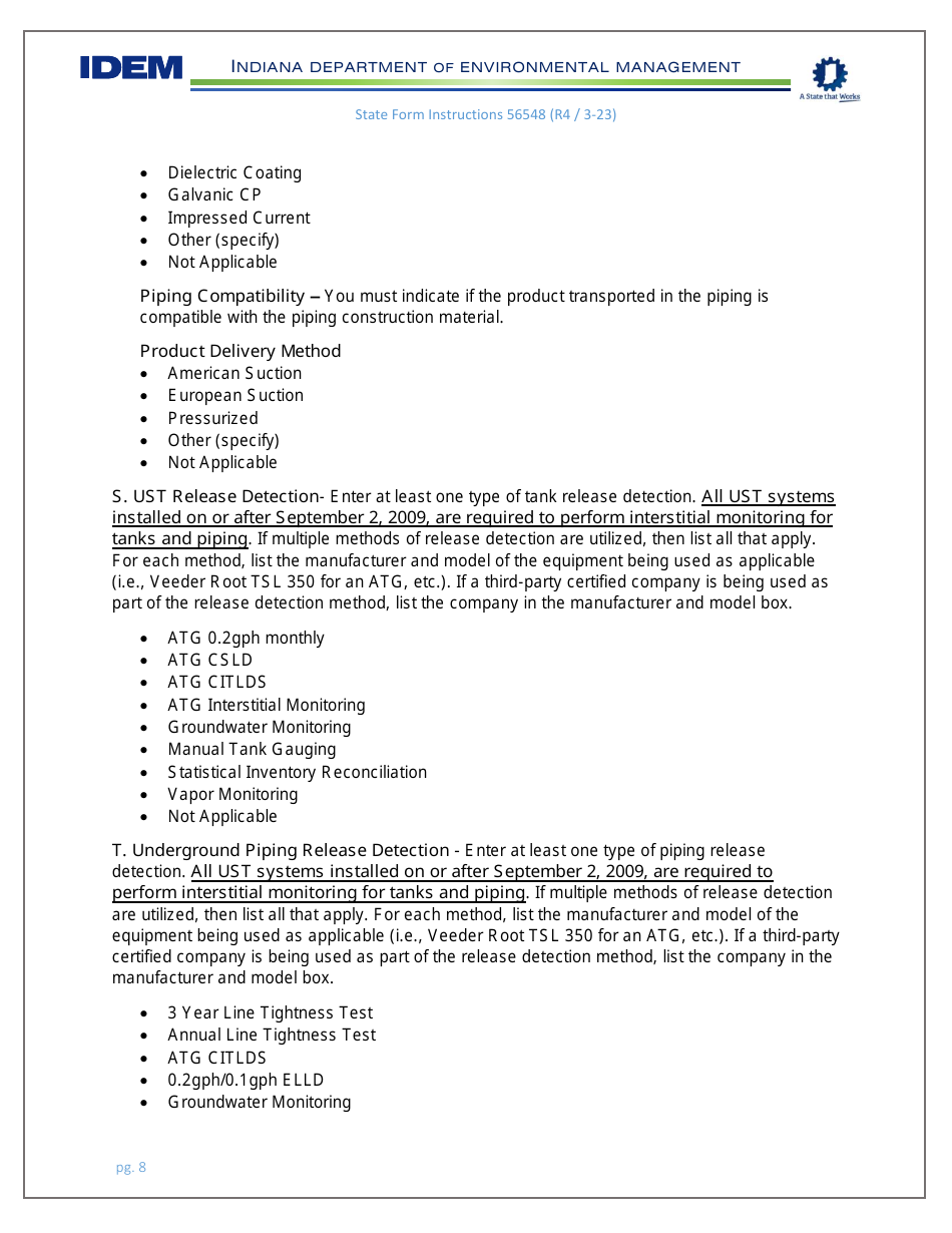 Instructions for State Form 56548 Initial Registration for Underground Storage Tanks - Indiana, Page 8