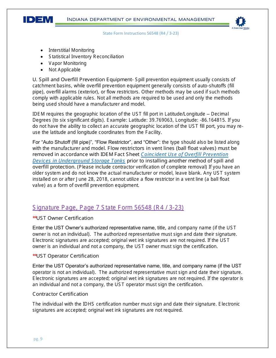 Instructions for State Form 56548 Initial Registration for Underground Storage Tanks - Indiana, Page 9