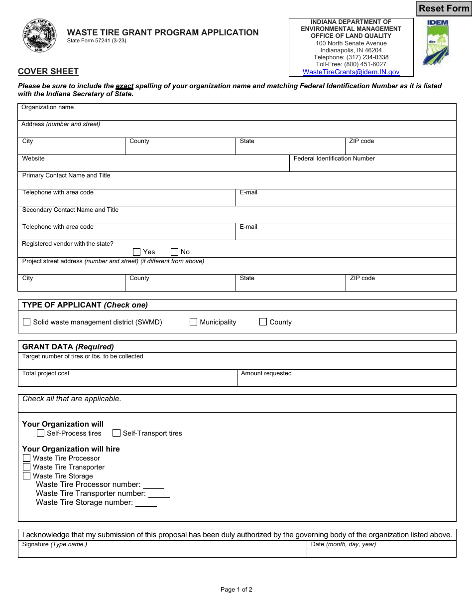 State Form 57241 Waste Tire Grant Program Application - Indiana, Page 1