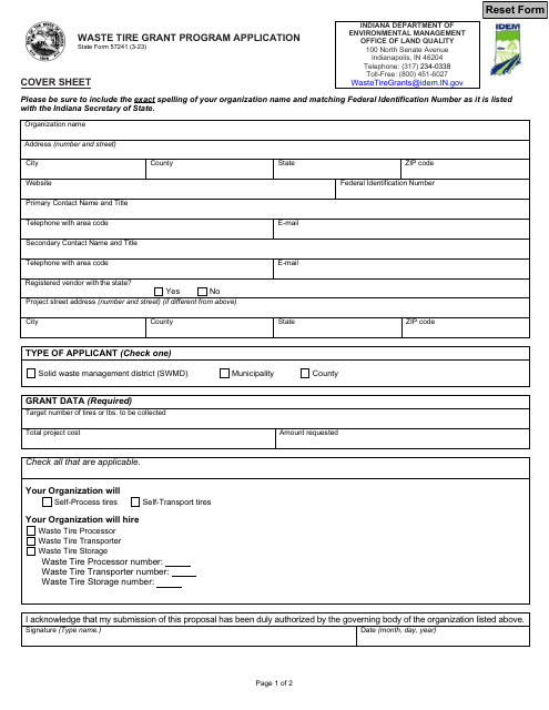 State Form 57241 Waste Tire Grant Program Application - Indiana