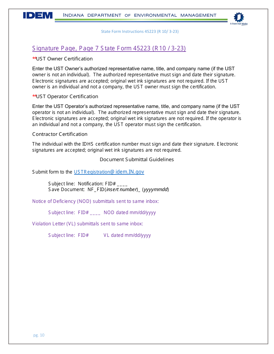 Instructions for State Form 45223 Notification for Underground Storage Tank Systems - Indiana, Page 10