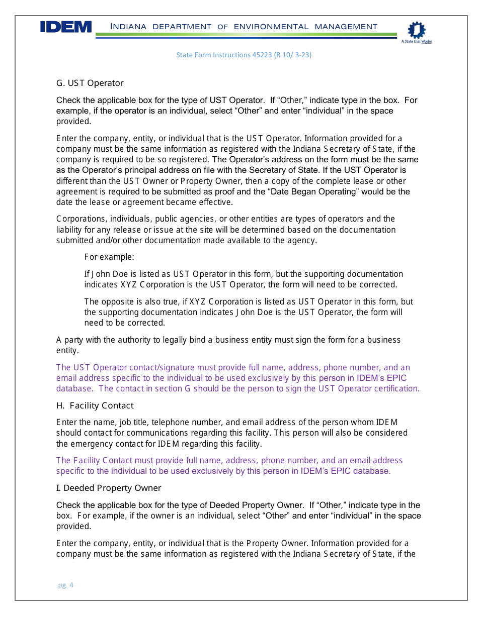 Instructions for State Form 45223 Notification for Underground Storage Tank Systems - Indiana, Page 4