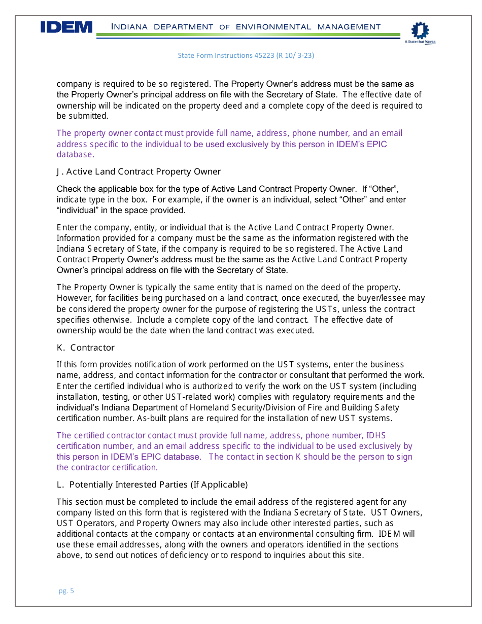 Instructions for State Form 45223 Notification for Underground Storage Tank Systems - Indiana, Page 5