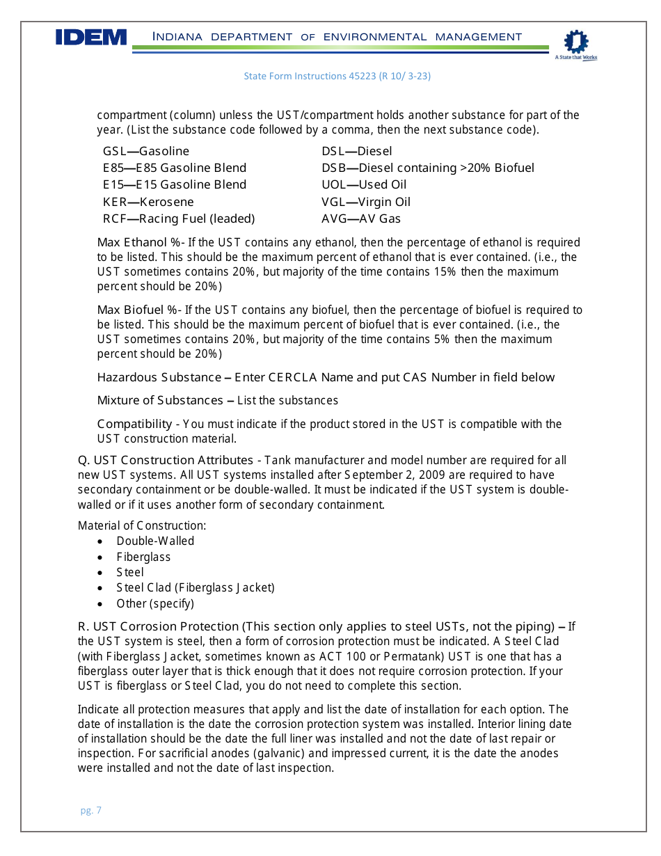 Instructions for State Form 45223 Notification for Underground Storage Tank Systems - Indiana, Page 7
