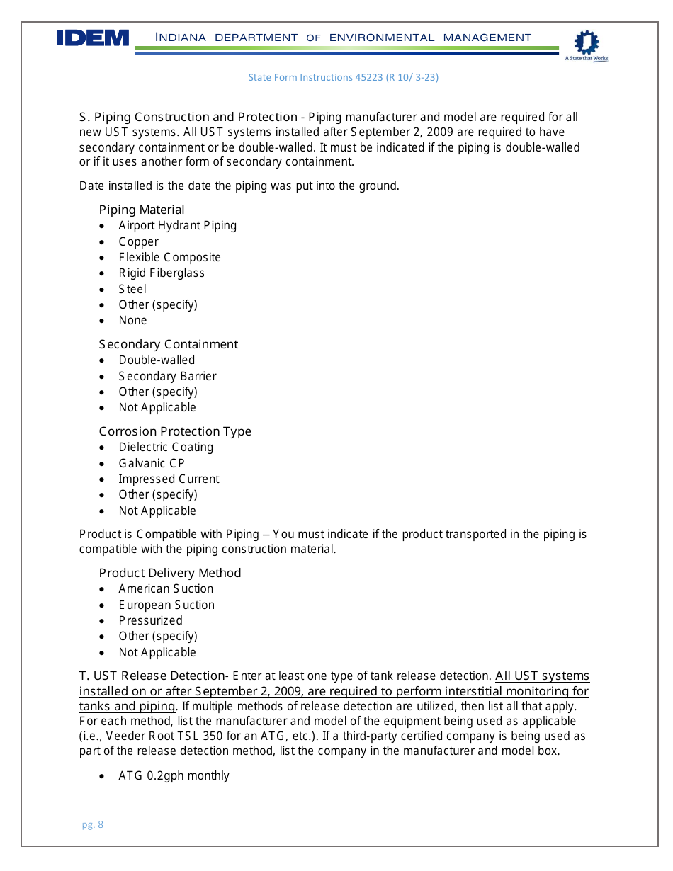 Instructions for State Form 45223 Notification for Underground Storage Tank Systems - Indiana, Page 8