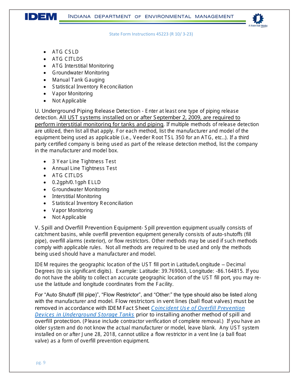 Instructions for State Form 45223 Notification for Underground Storage Tank Systems - Indiana, Page 9