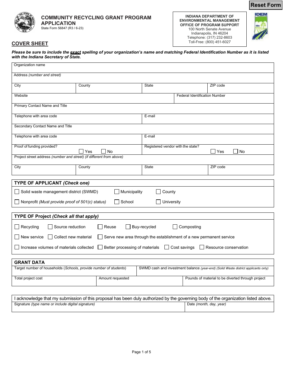 State Form 56847 Community Recycling Grant Program Application - Indiana, Page 1