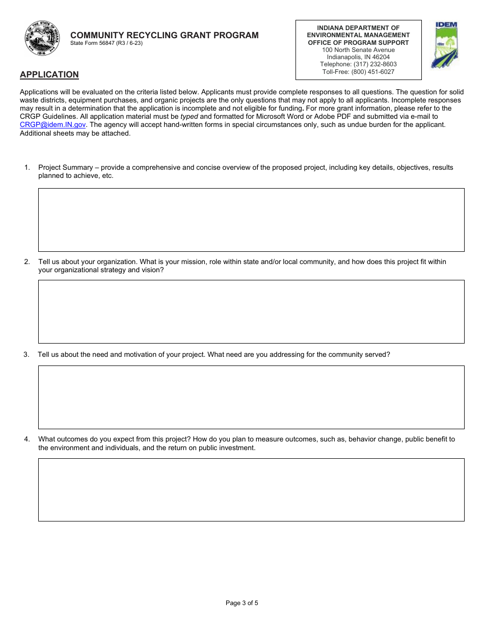 State Form 56847 Community Recycling Grant Program Application - Indiana, Page 3