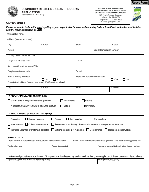 State Form 56847 Community Recycling Grant Program Application - Indiana