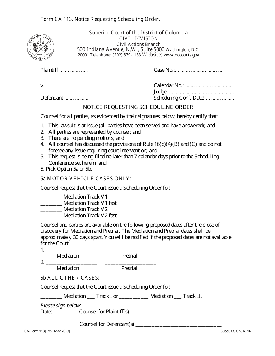 Form CA113 Notice Requesting Scheduling Order - Washington, D.C., Page 1