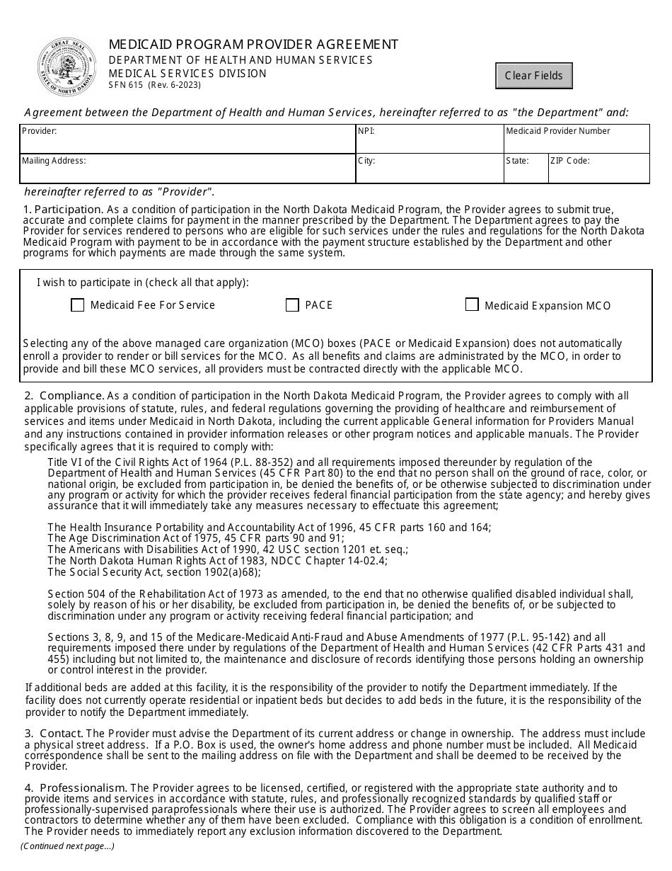 Form SFN615 Medicaid Program Provider Agreement - North Dakota, Page 1