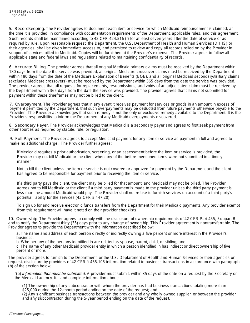 Form SFN615 Medicaid Program Provider Agreement - North Dakota, Page 2