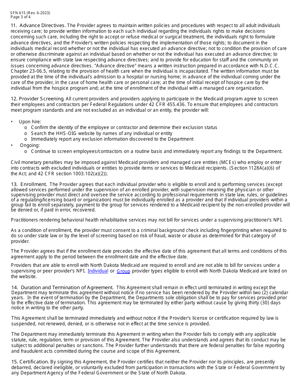 Form SFN615 Medicaid Program Provider Agreement - North Dakota, Page 3