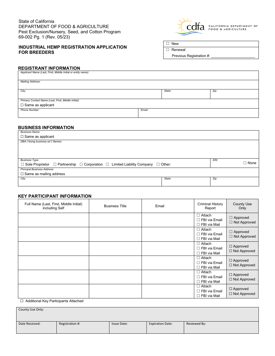 Form 69-002 Industrial Hemp Registration Application for Breeders - California, Page 1