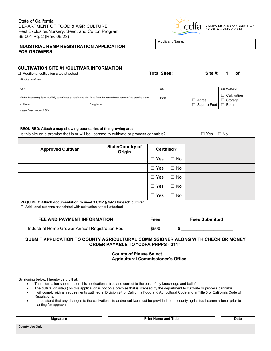 Form 69-001 Industrial Hemp Registration Application for Growers - California, Page 2