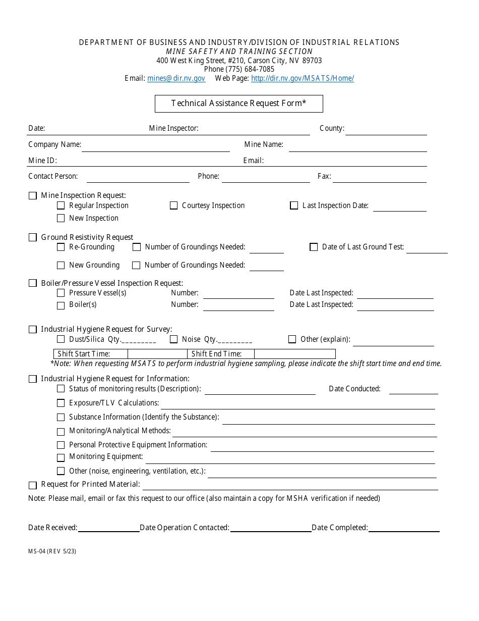 Form MS-04 Technical Assistance Request Form - Nevada, Page 1